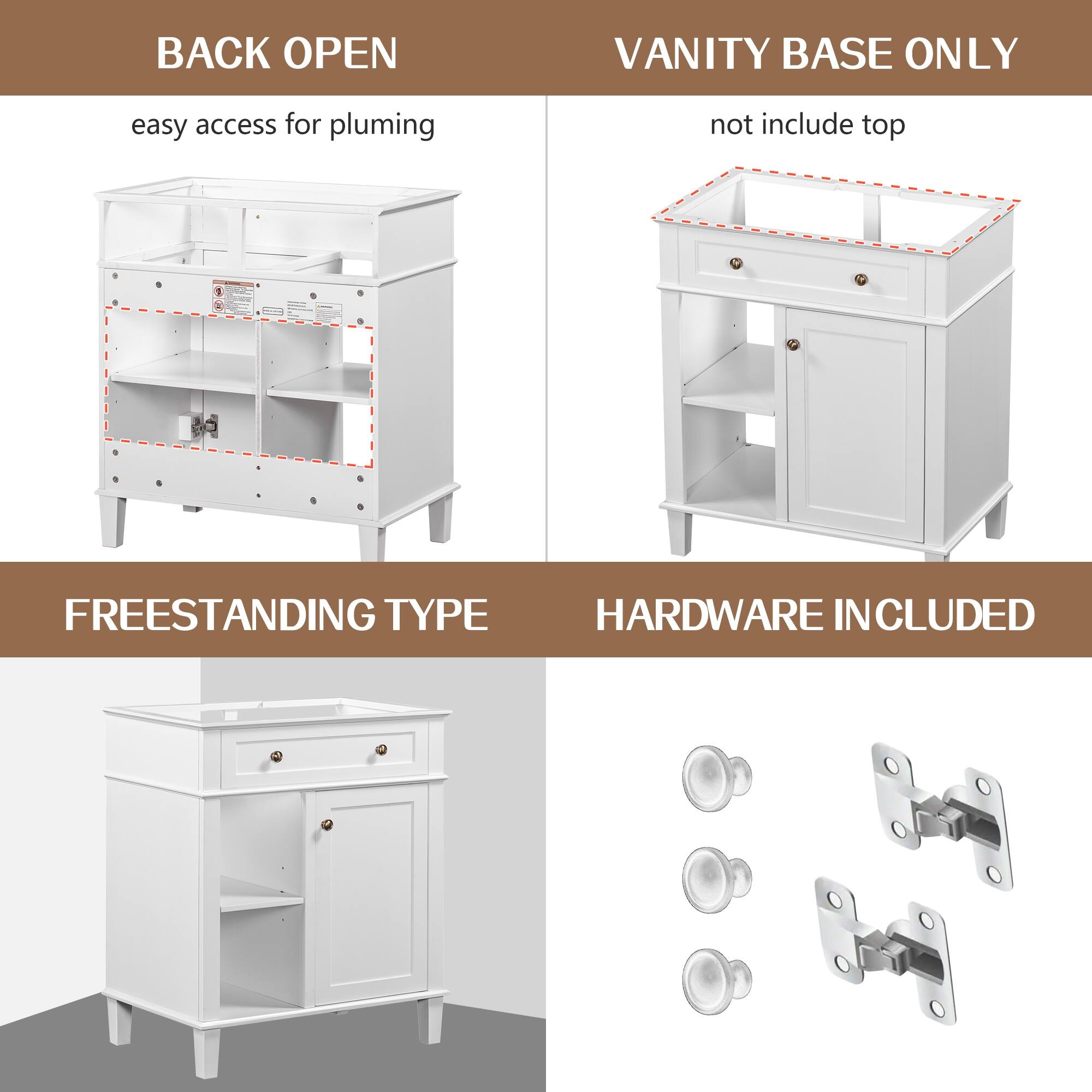 30" Bathroom Vanity without Sink, Bathroom Base Only, Solid